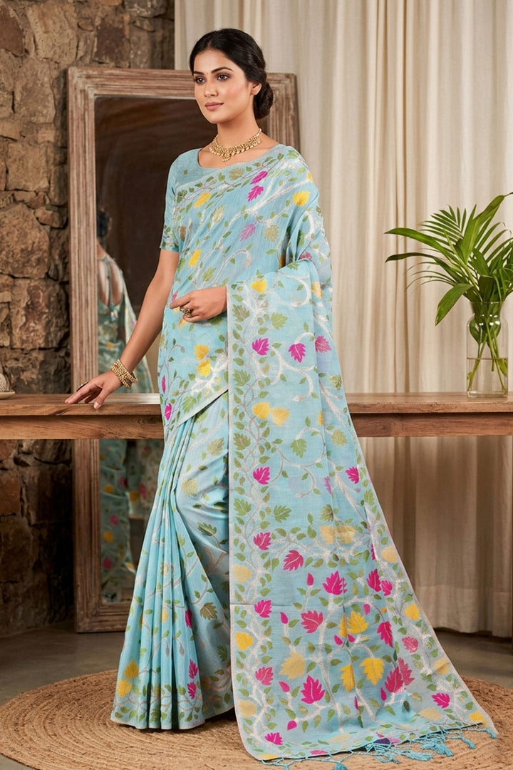 Floral Printed Linen Cotton Sky Blue Color Saree | Buy Online India