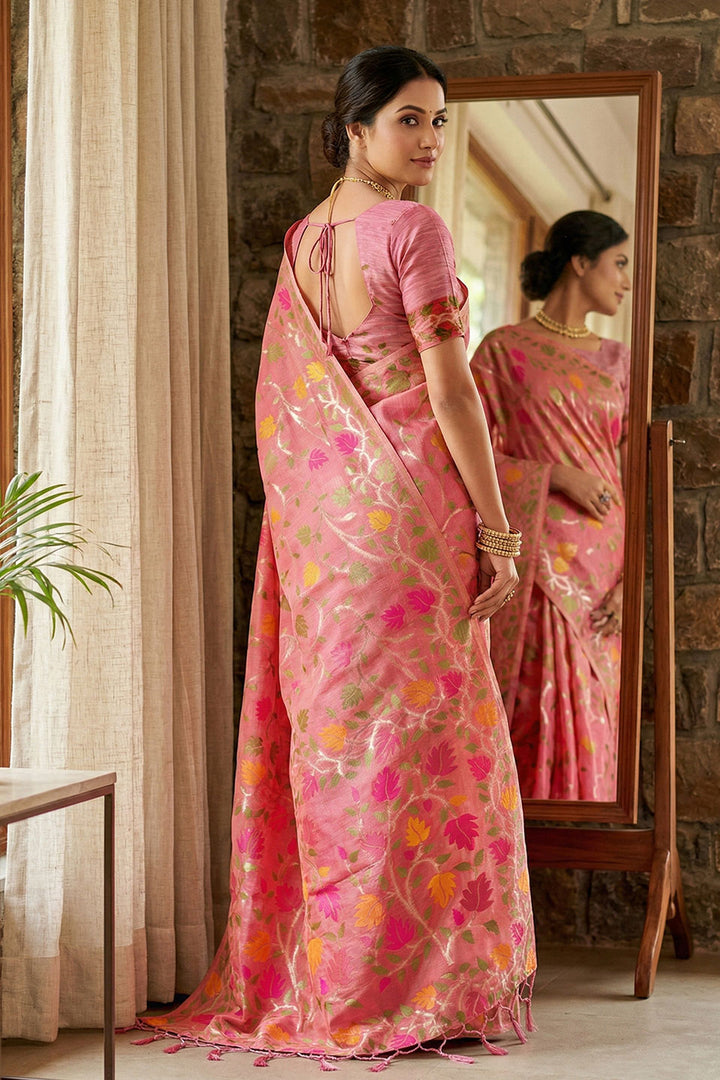 Soothing Floral Printed Linen Cotton Pink Saree | Buy Online India