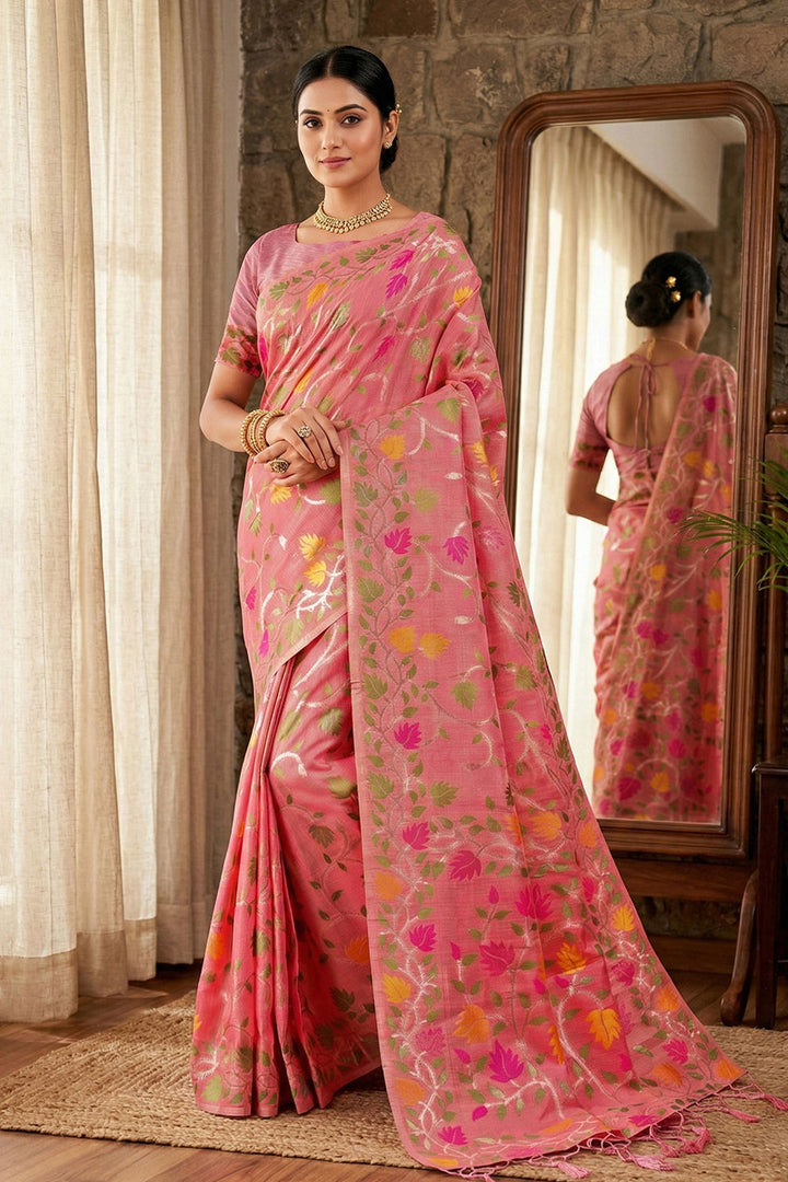Soothing Floral Printed Linen Cotton Pink Saree | Buy Online India