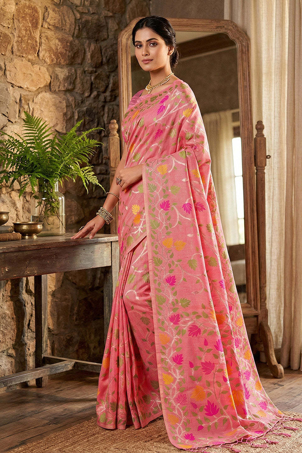 Soothing Floral Printed Linen Cotton Pink Saree | Buy Online India