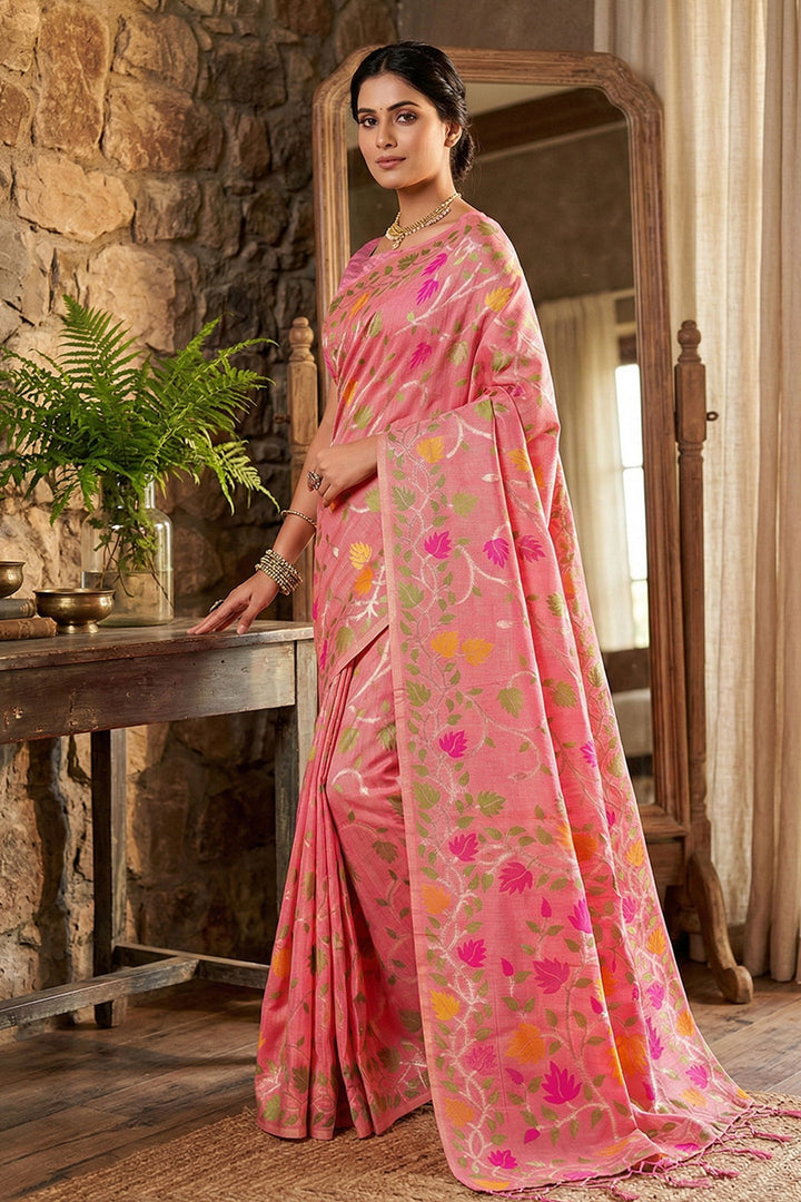 Soothing Floral Printed Linen Cotton Pink Saree | Buy Online India