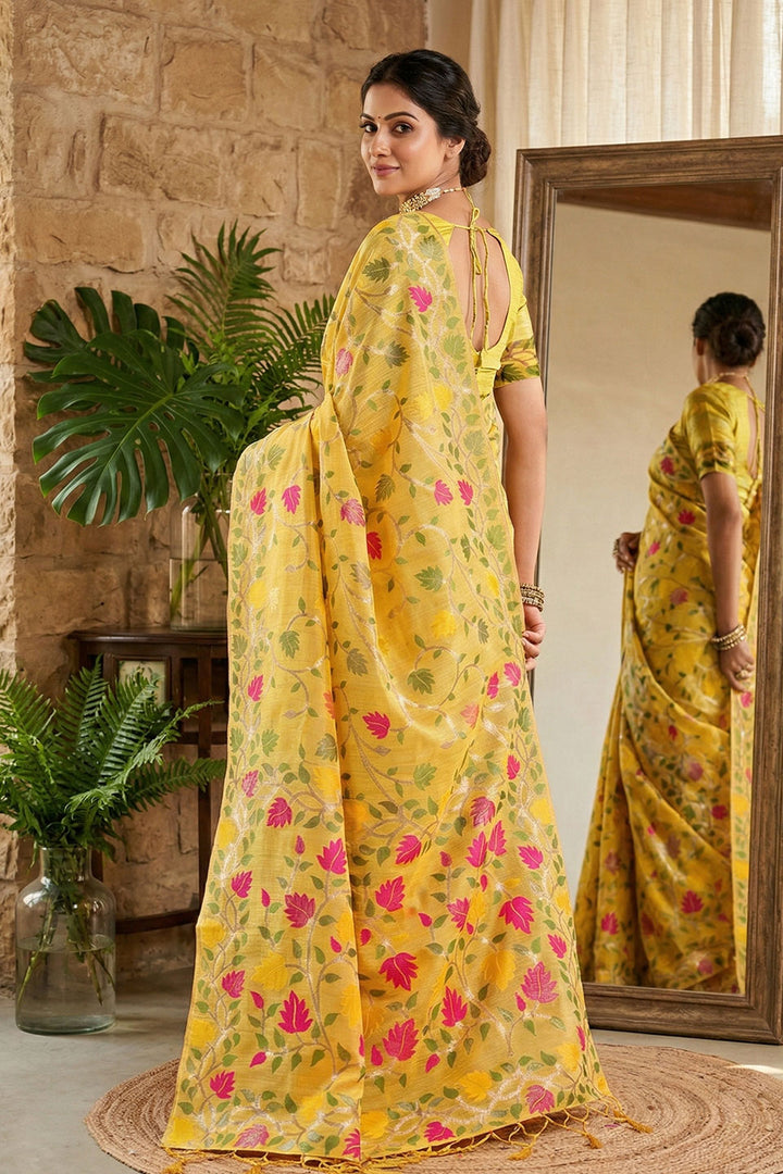 Yellow Color Glorious Floral Printed Linen Cotton Saree | Buy Online India