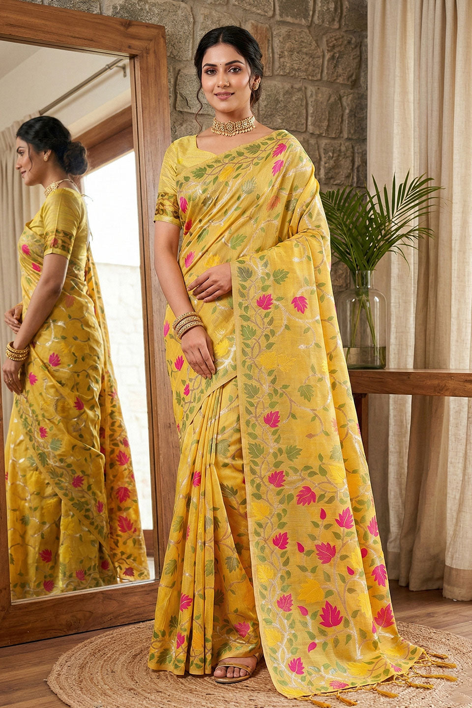 Yellow Color Glorious Floral Printed Linen Cotton Saree | Buy Online India