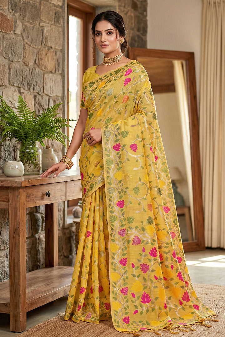 Yellow Color Glorious Floral Printed Linen Cotton Saree | Buy Online India