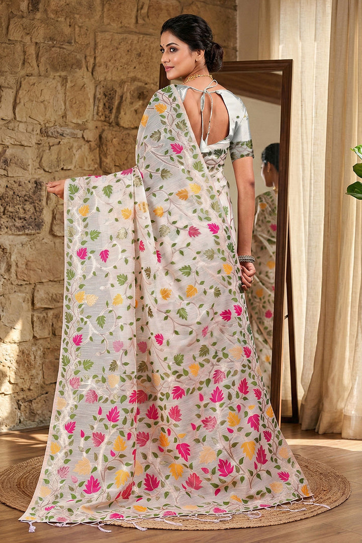 White Color Floral Printed Linen Cotton Saree For Festive | Buy Online India