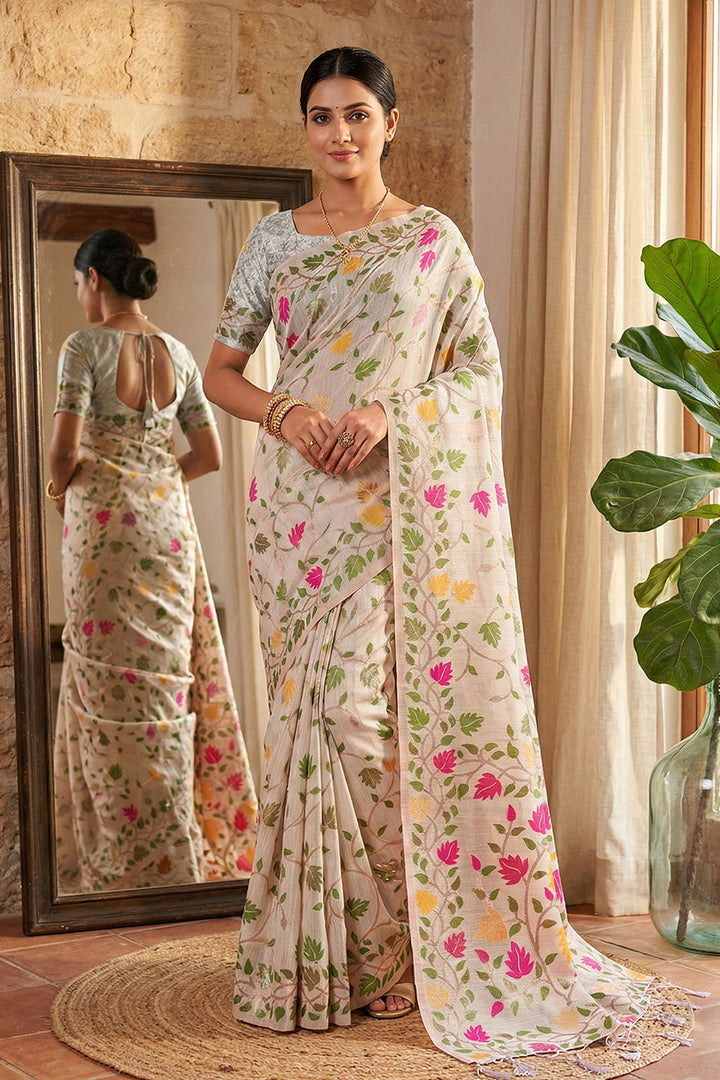 White Color Floral Printed Linen Cotton Saree For Festive | Buy Online India