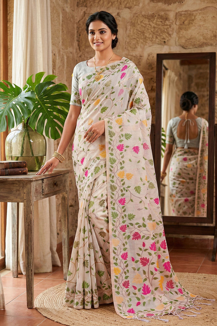 White Color Floral Printed Linen Cotton Saree For Festive | Buy Online India
