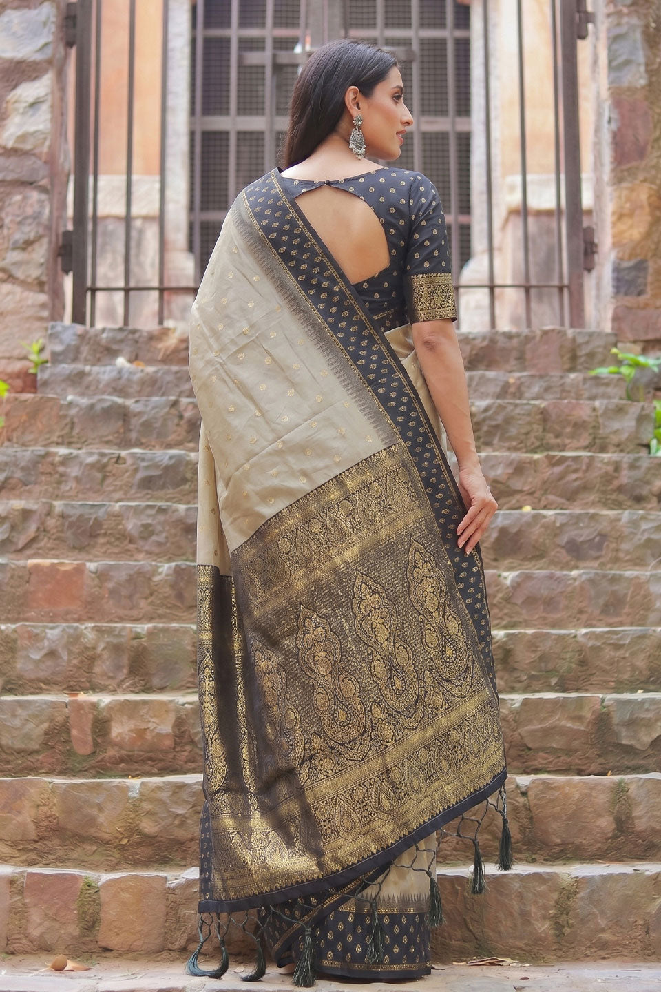 Beige and Black Weaving Work Soothing Cotton Saree | Buy Online India