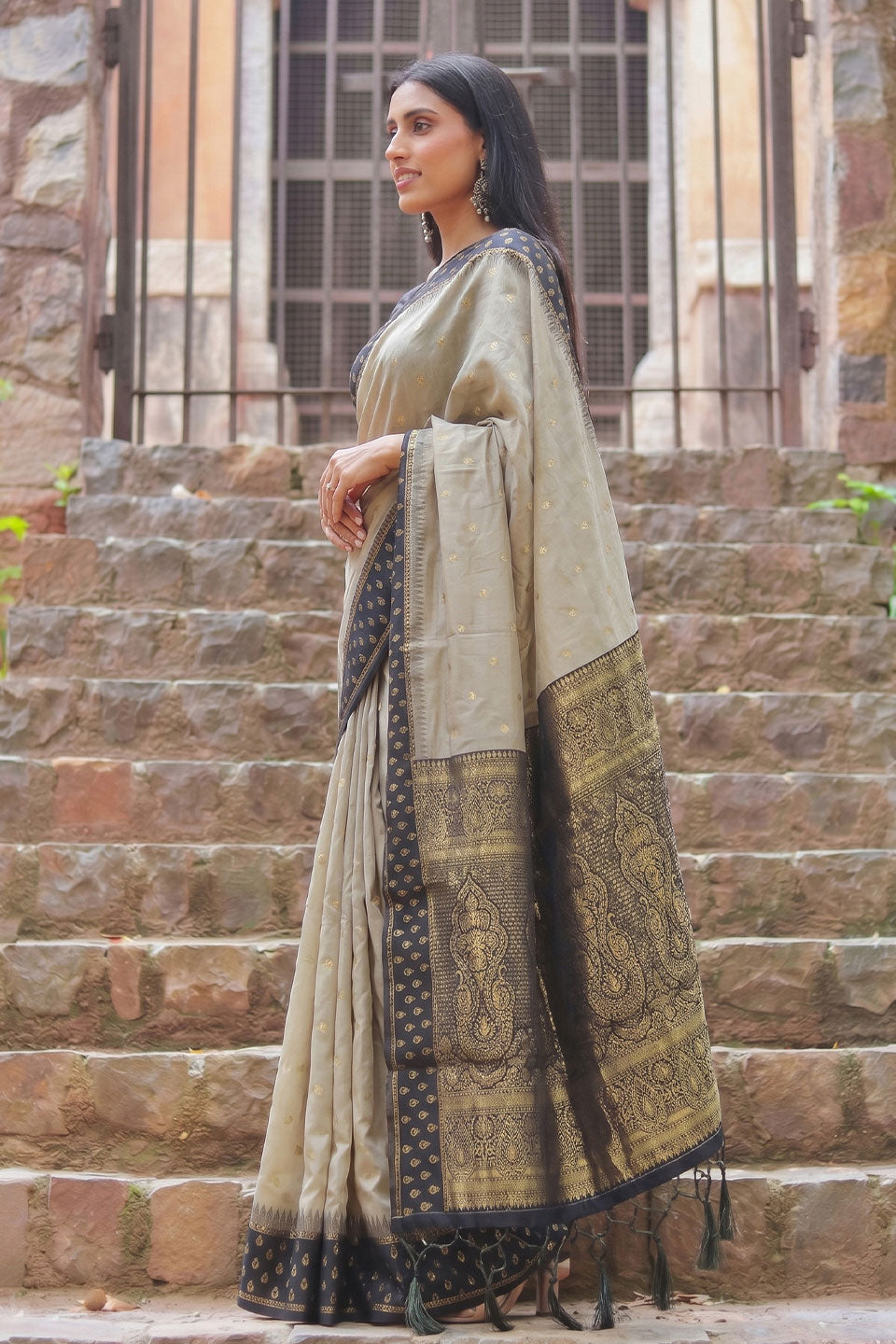 Beige and Black Weaving Work Soothing Cotton Saree | Buy Online India