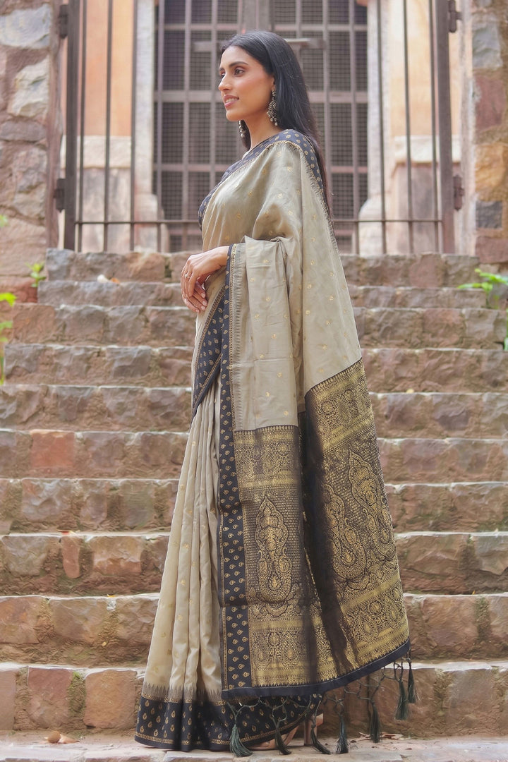 Beige and Black Weaving Work Soothing Cotton Saree | Buy Online India