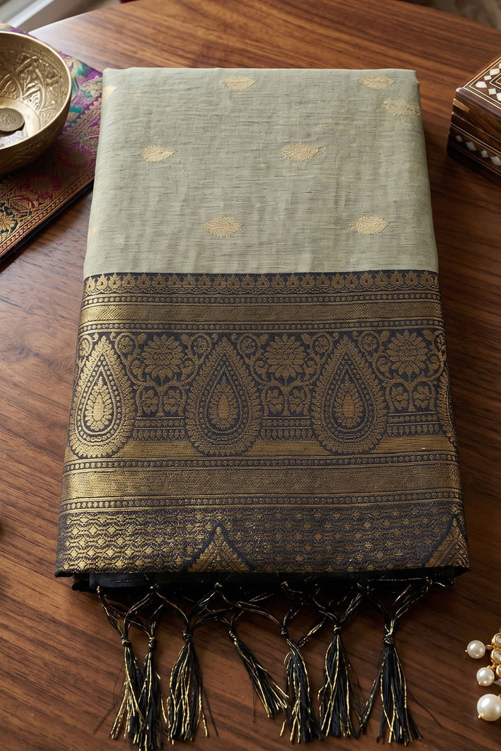 Beige and Black Weaving Work Soothing Cotton Saree | Buy Online India