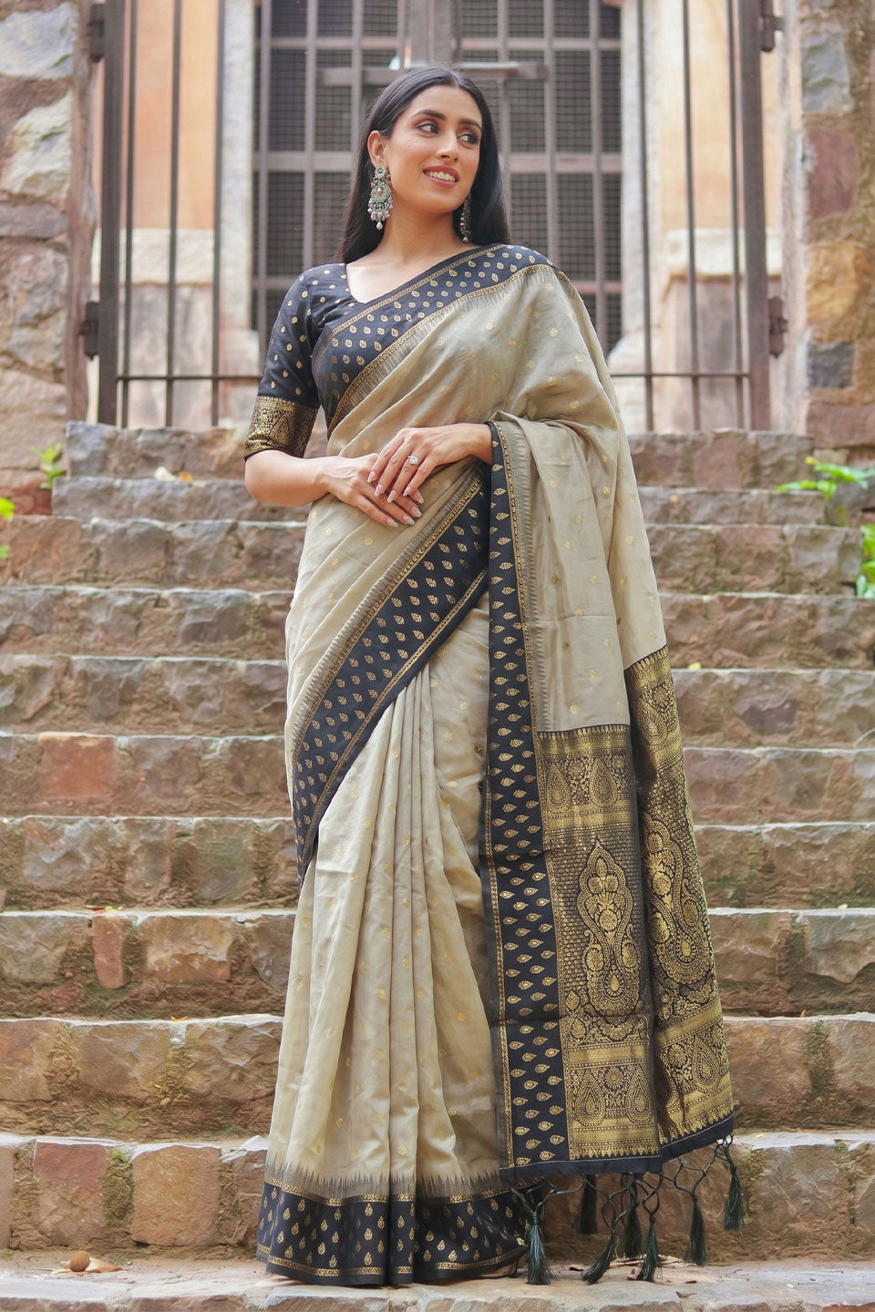Beige and Black Weaving Work Soothing Cotton Saree | Buy Online India