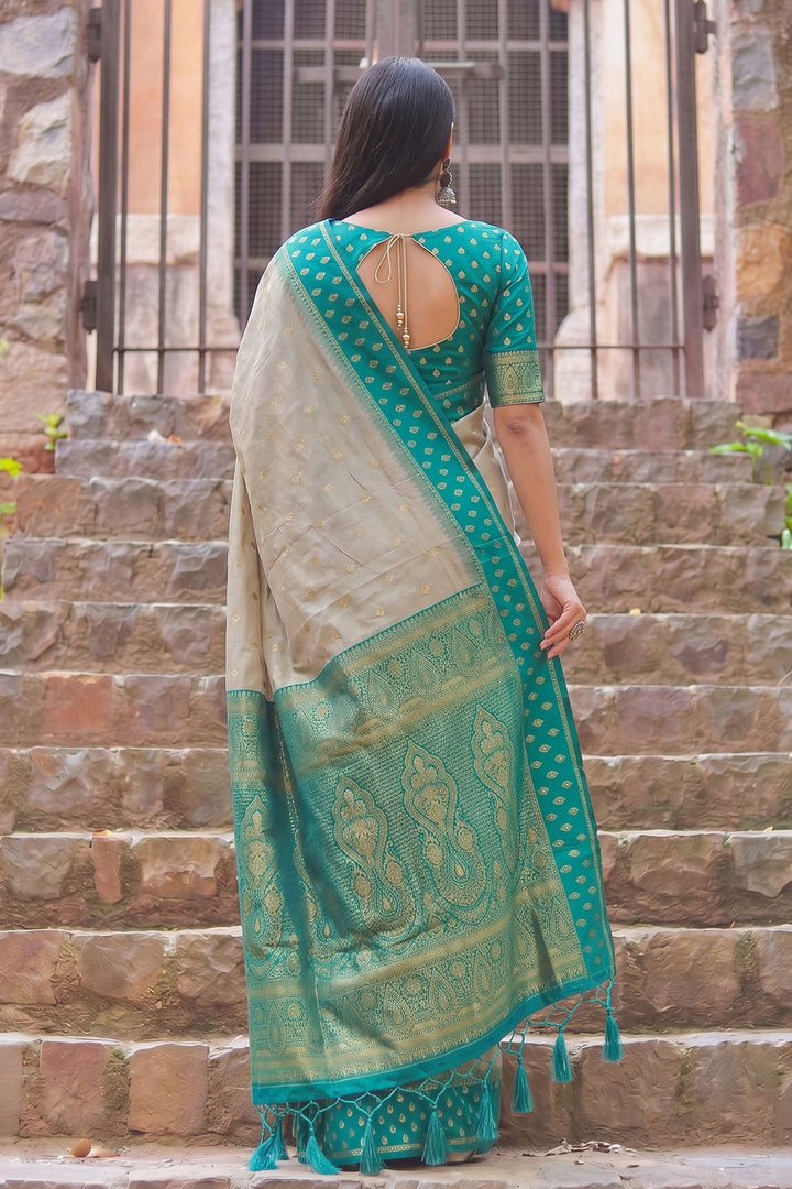 Beige and Teal Glorious Cotton Weaving Work Saree | Buy Online India