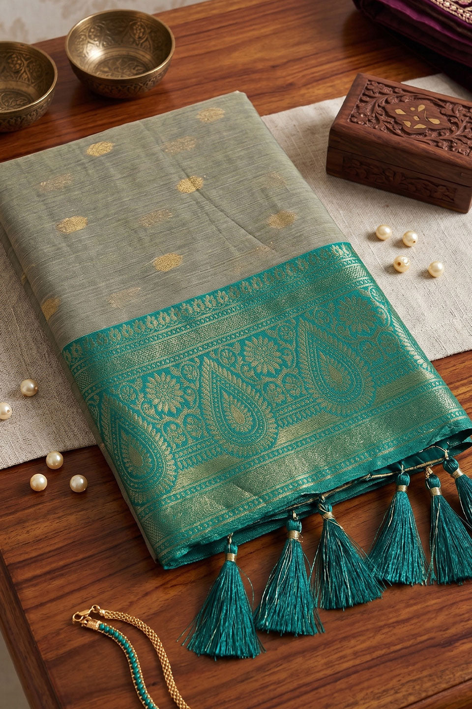Beige and Teal Glorious Cotton Weaving Work Saree | Buy Online India