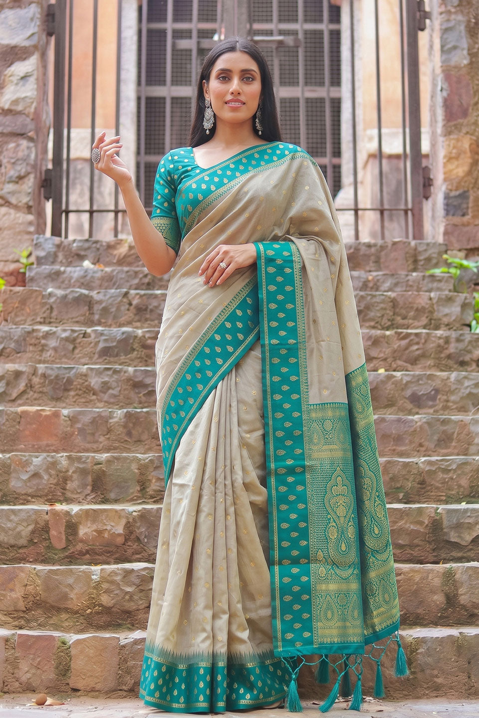 Beige and Teal Glorious Cotton Weaving Work Saree | Buy Online India