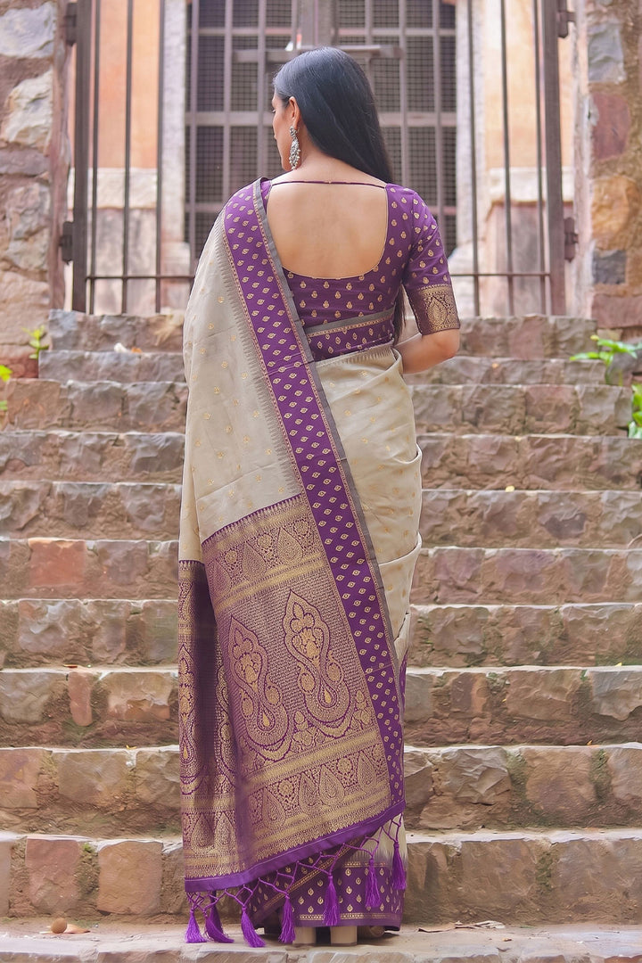 Trendy Beige and Purple Weaving Work Cotton Saree | Buy Online India