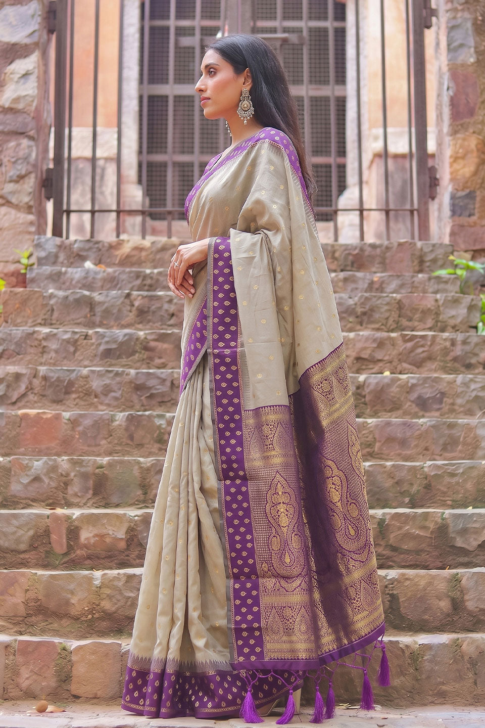 Trendy Beige and Purple Weaving Work Cotton Saree | Buy Online India