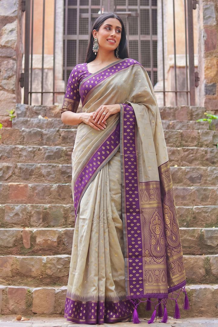 Trendy Beige and Purple Weaving Work Cotton Saree | Buy Online India