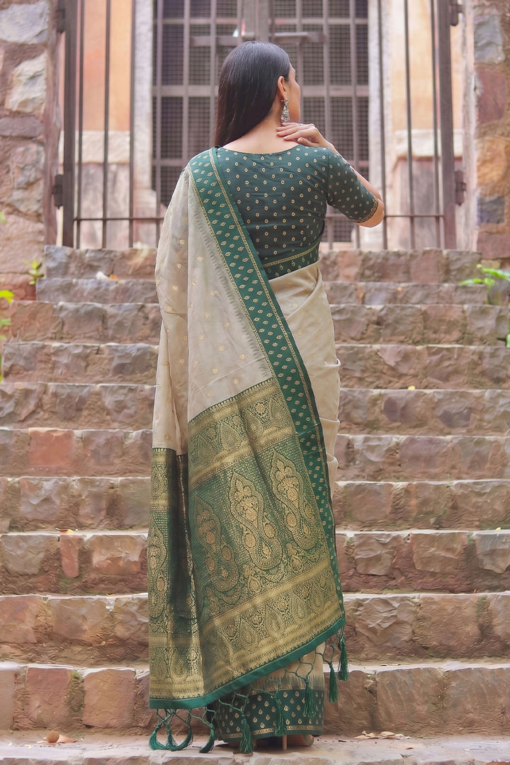 Classic Beige and Green Weaving Work Cotton Saree | Buy Online India