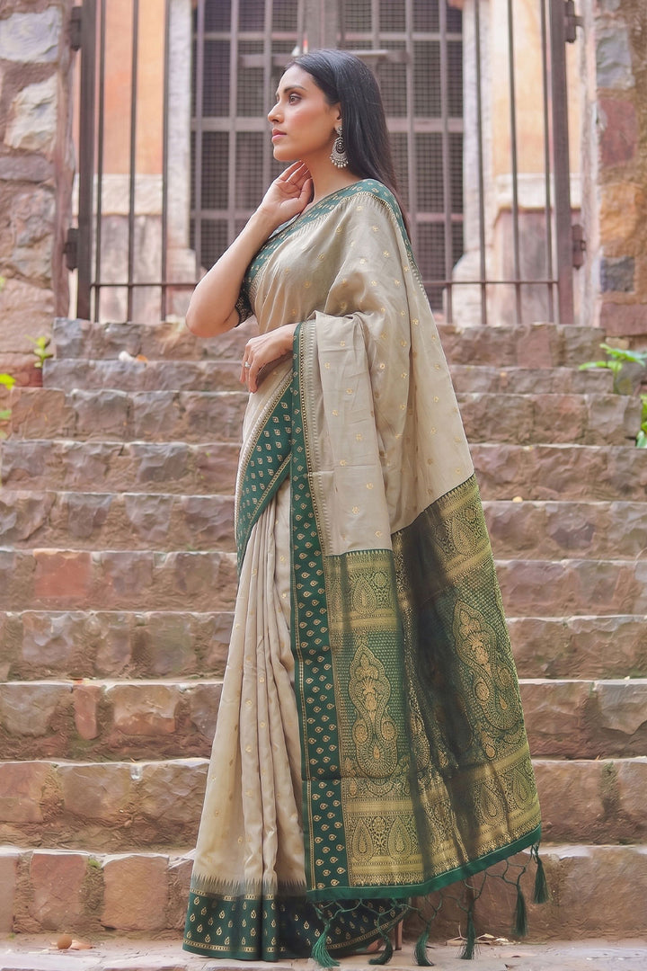 Classic Beige and Green Weaving Work Cotton Saree | Buy Online India