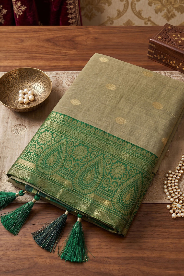 Classic Beige and Green Weaving Work Cotton Saree | Buy Online India