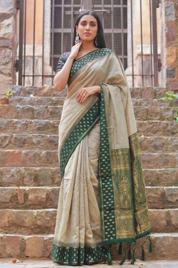 Classic Beige and Green Weaving Work Cotton Saree | Buy Online India