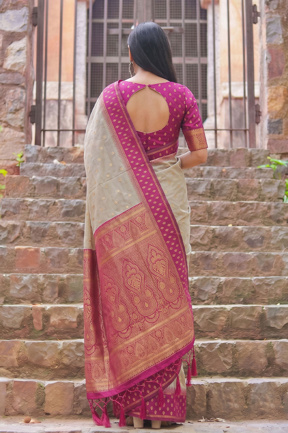 Beige and Pink Weaving Work Glamorous Cotton Saree | Buy Online India
