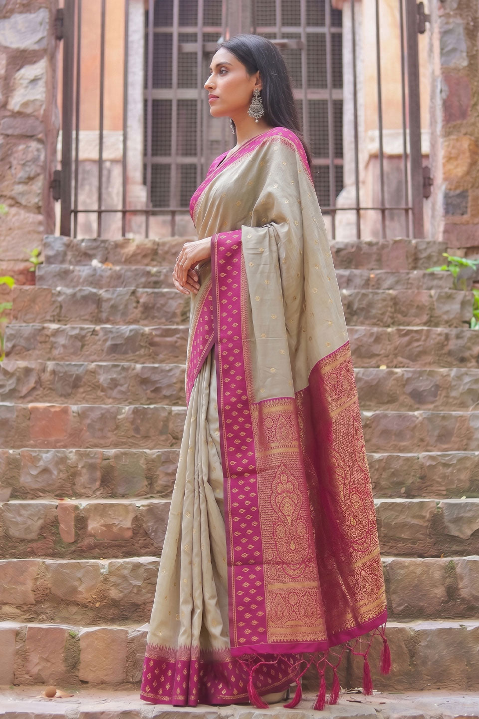 Beige and Pink Weaving Work Glamorous Cotton Saree | Buy Online India
