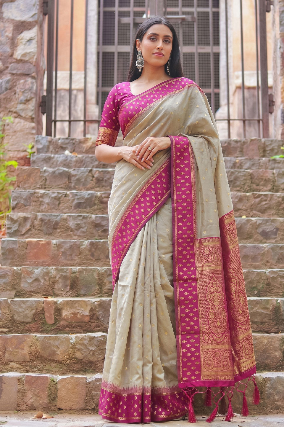 Beige and Pink Weaving Work Glamorous Cotton Saree | Buy Online India
