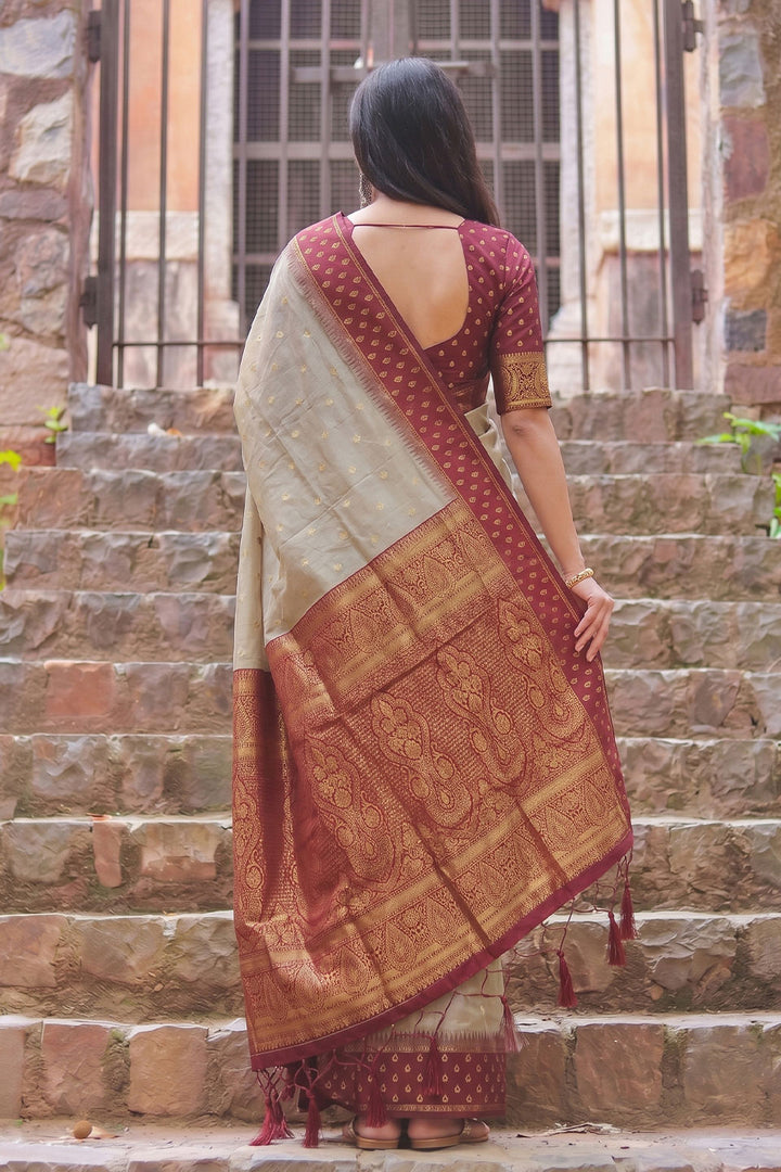 Beige and Red Beautiful Weaving Work Cotton Saree | Buy Online India