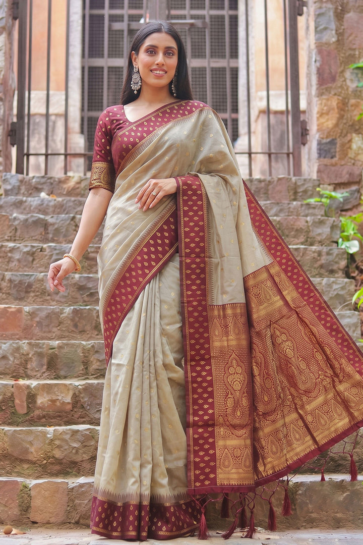 Beige and Red Beautiful Weaving Work Cotton Saree | Buy Online India