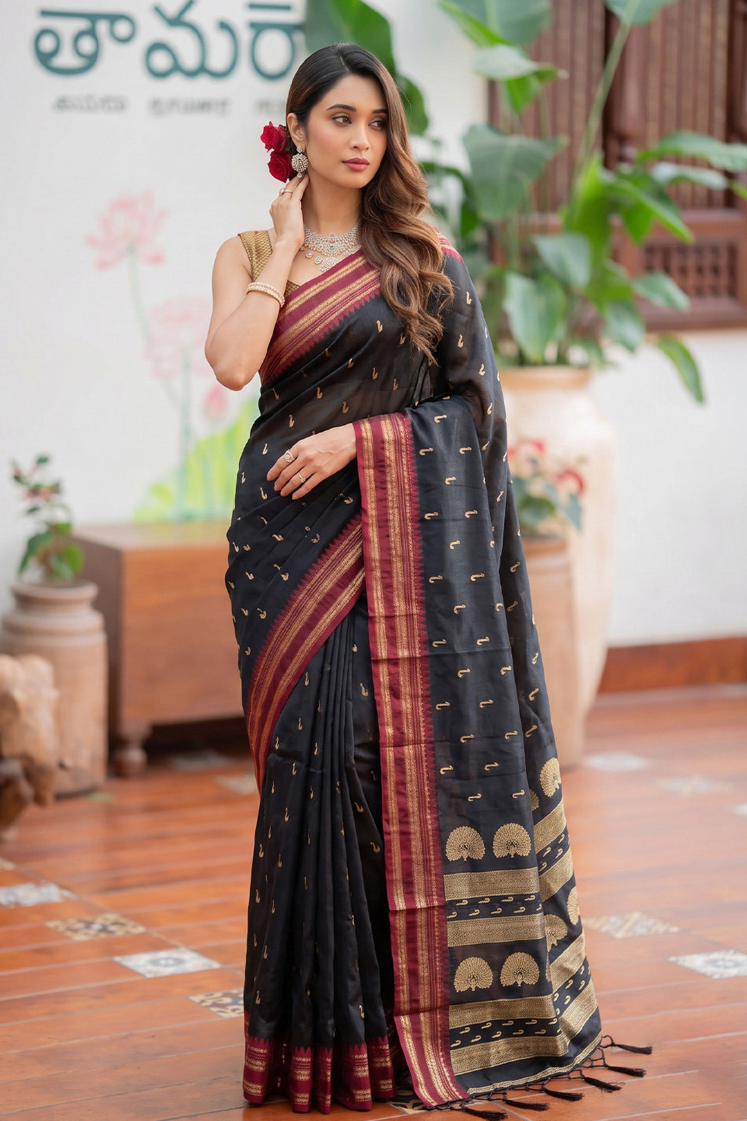 Weaving Work Festive Style Art Silk Saree In Black Color