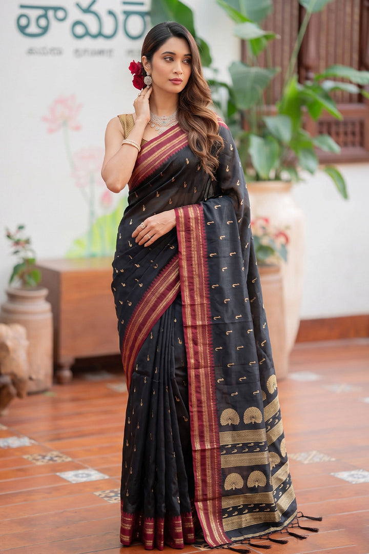 Weaving Work Festive Style Art Silk Saree In Black Color