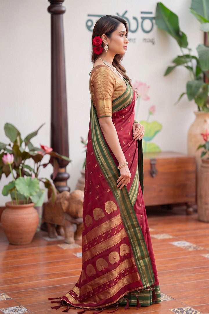 Maroon Festive Style Art Silk Saree With Weaving Work