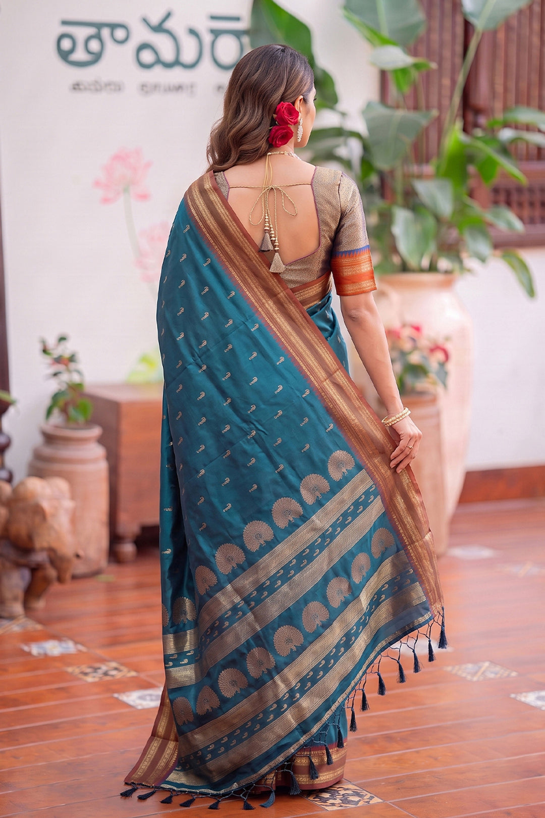 Teal Color Festive Style Weaving Work Art Silk Saree