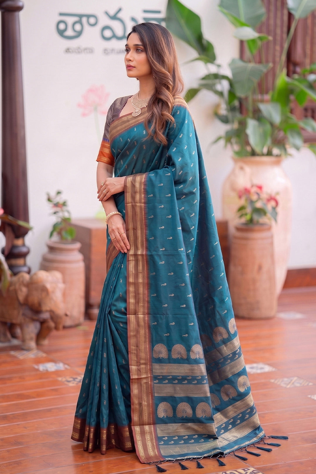 Teal Color Festive Style Weaving Work Art Silk Saree