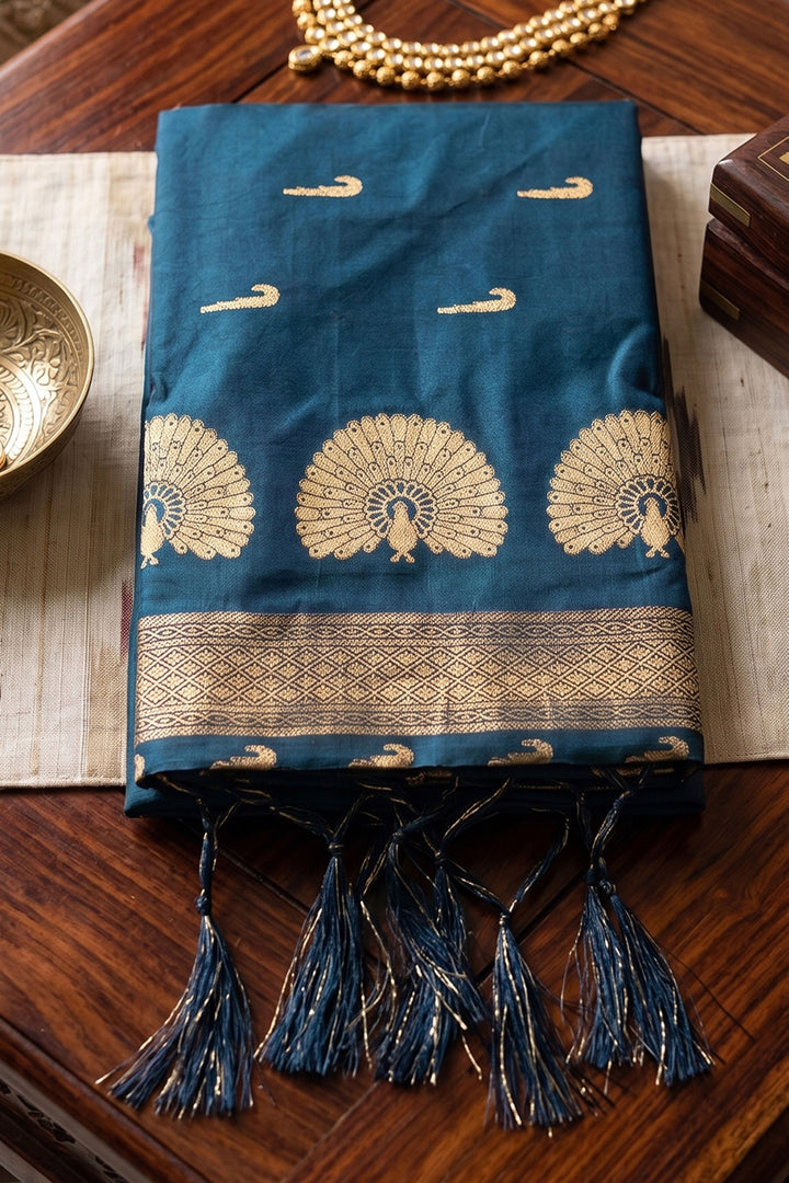 Teal Color Festive Style Weaving Work Art Silk Saree