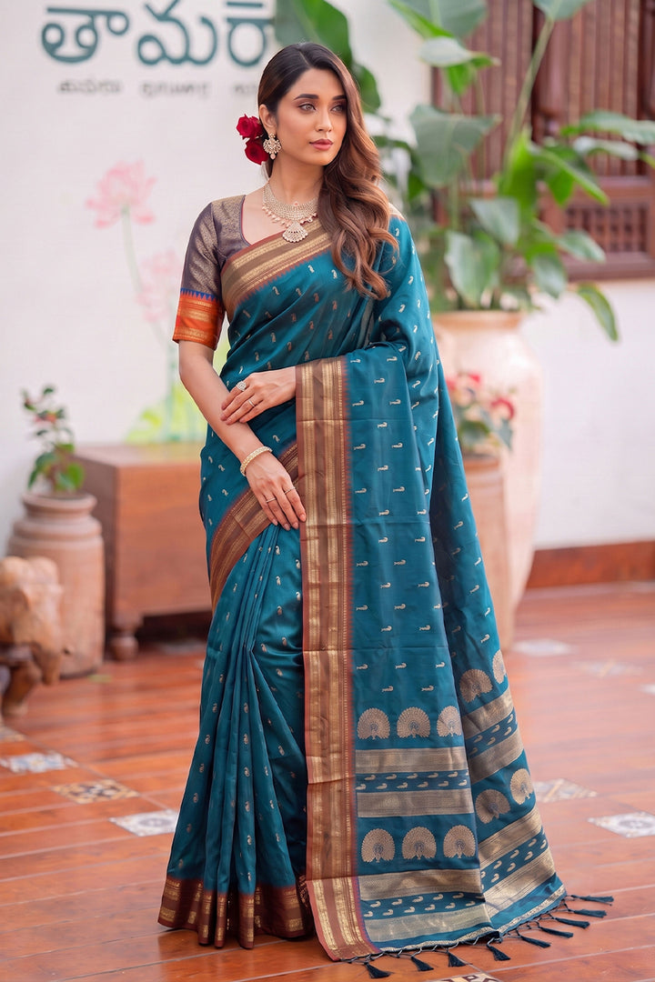 Teal Color Festive Style Weaving Work Art Silk Saree