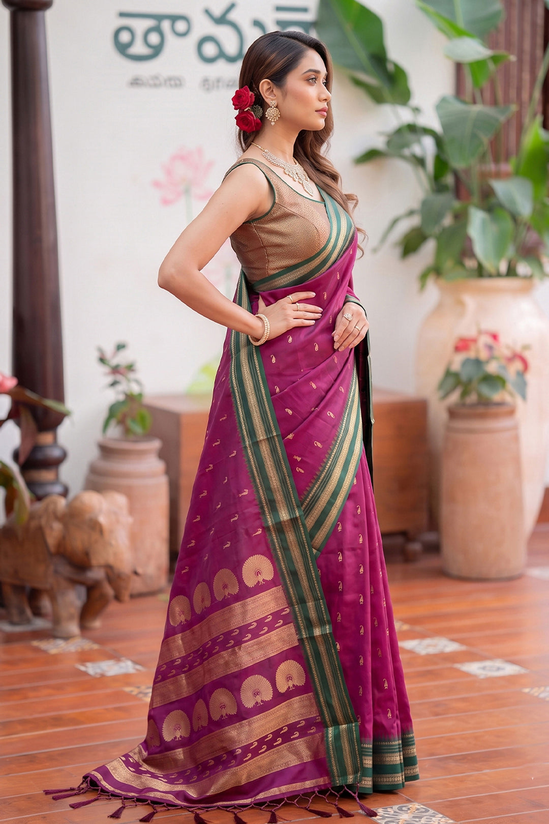 Weaving Work Festive Style Art Silk Saree In Rani Color