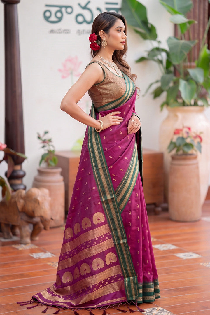 Weaving Work Festive Style Art Silk Saree In Rani Color