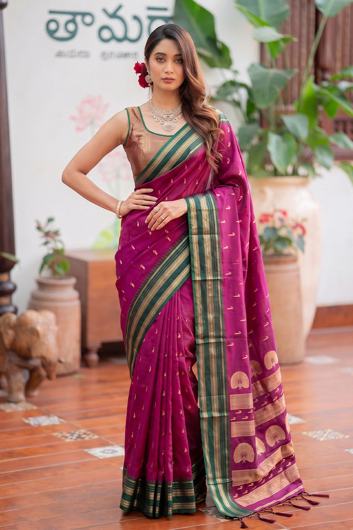 Weaving Work Festive Style Art Silk Saree In Rani Color
