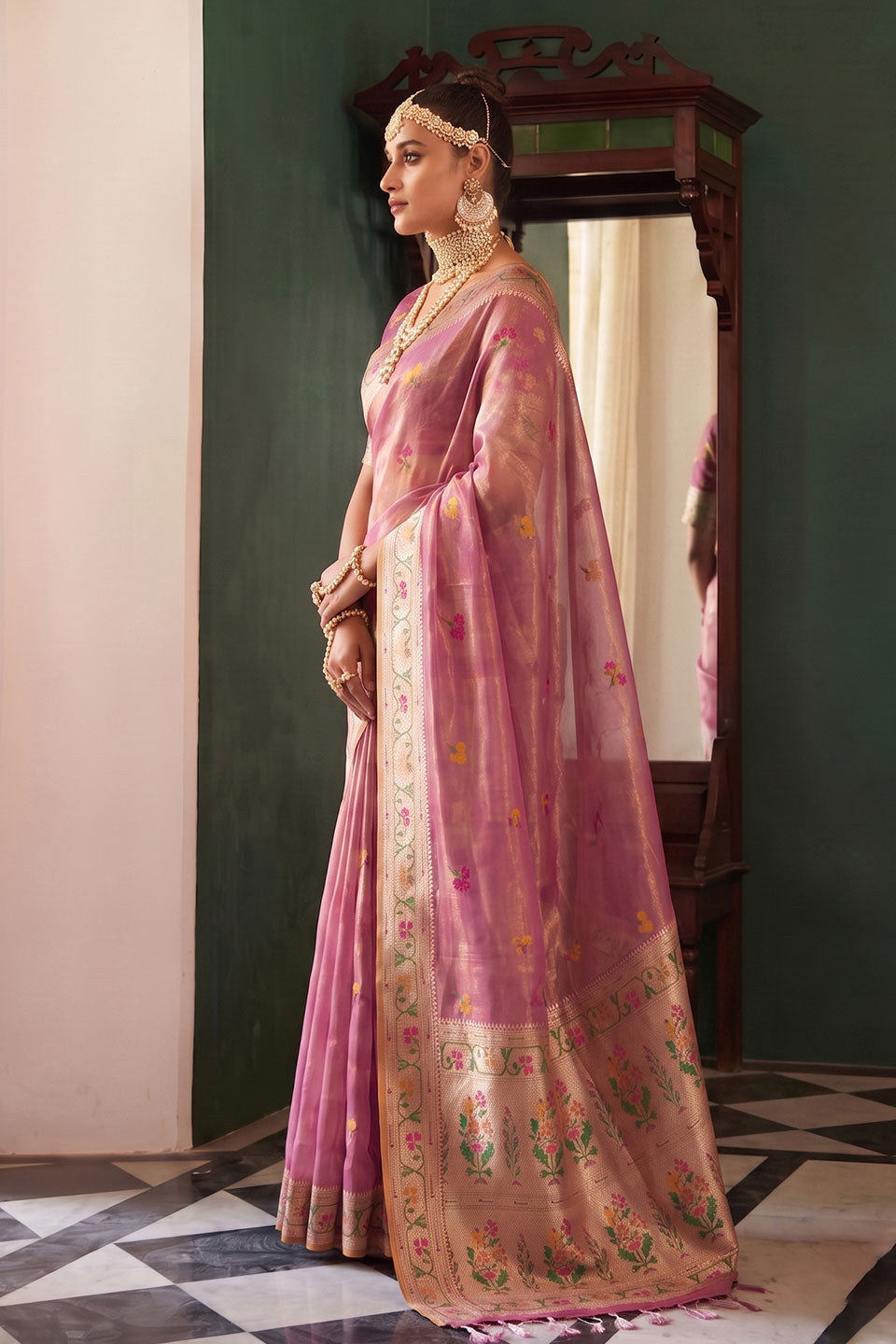 Heavy Tissue Silk Weaving Work On Pink Saree | Buy Online India
