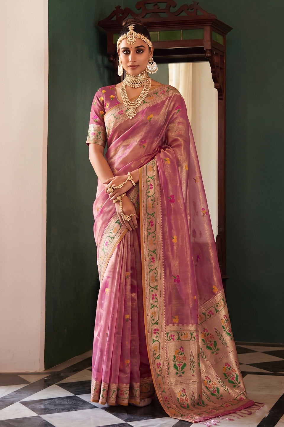 Heavy Tissue Silk Weaving Work On Pink Saree | Buy Online India