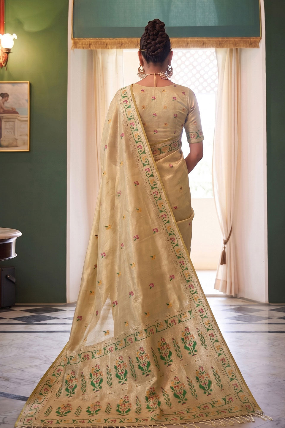 Trendy Tissue Silk Beige Color Saree With Weaving Work | Buy Online India
