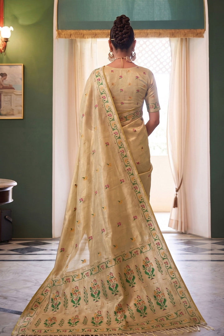 Trendy Tissue Silk Beige Color Saree With Weaving Work | Buy Online India