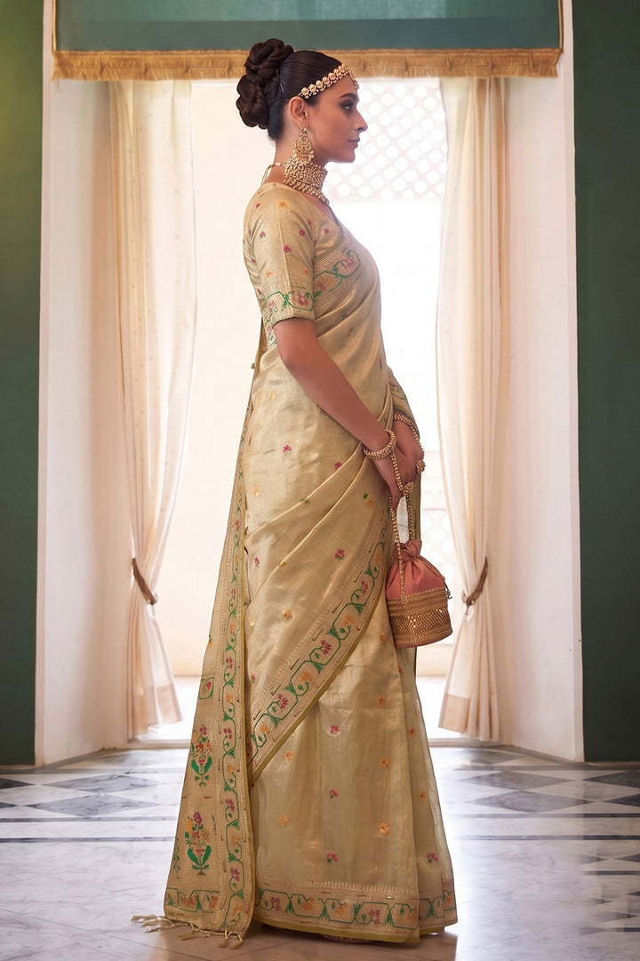 Trendy Tissue Silk Beige Color Saree With Weaving Work | Buy Online India