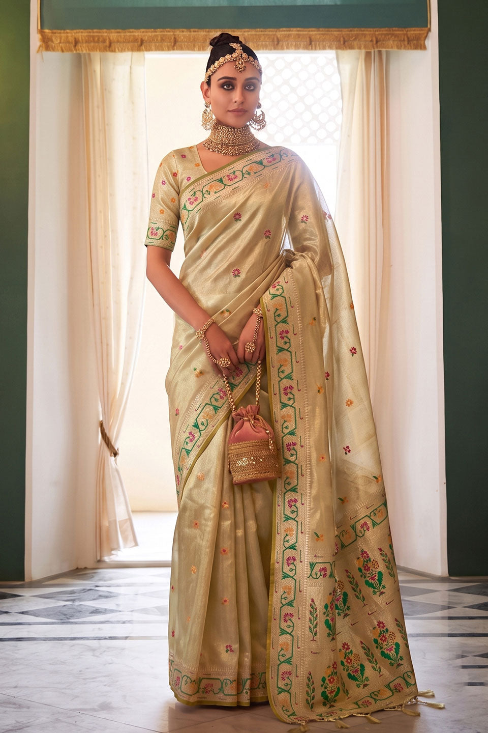 Trendy Tissue Silk Beige Color Saree With Weaving Work | Buy Online India