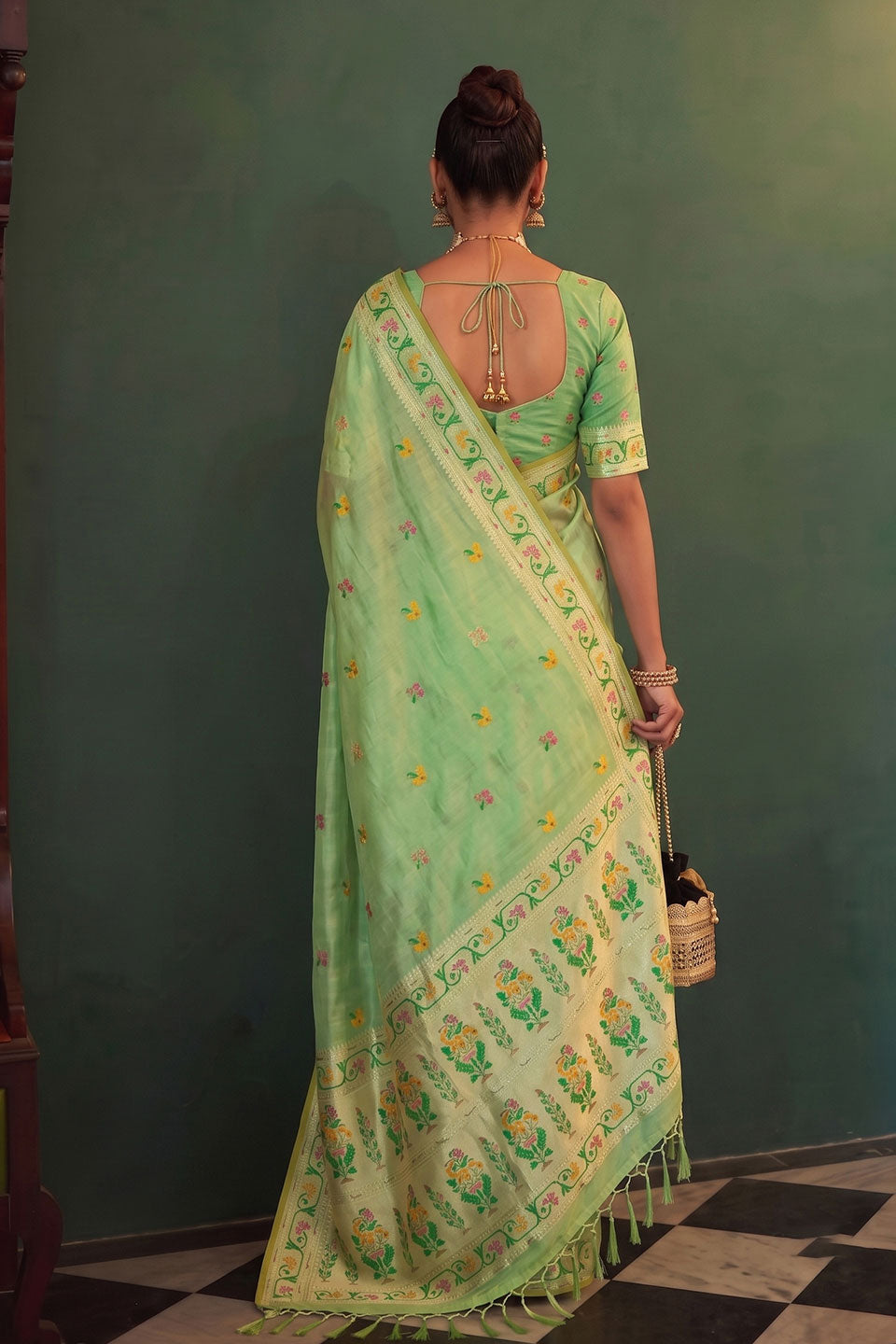 Exclusive Weaving Work On Sea Green Tissue Silk Saree | Buy Online India