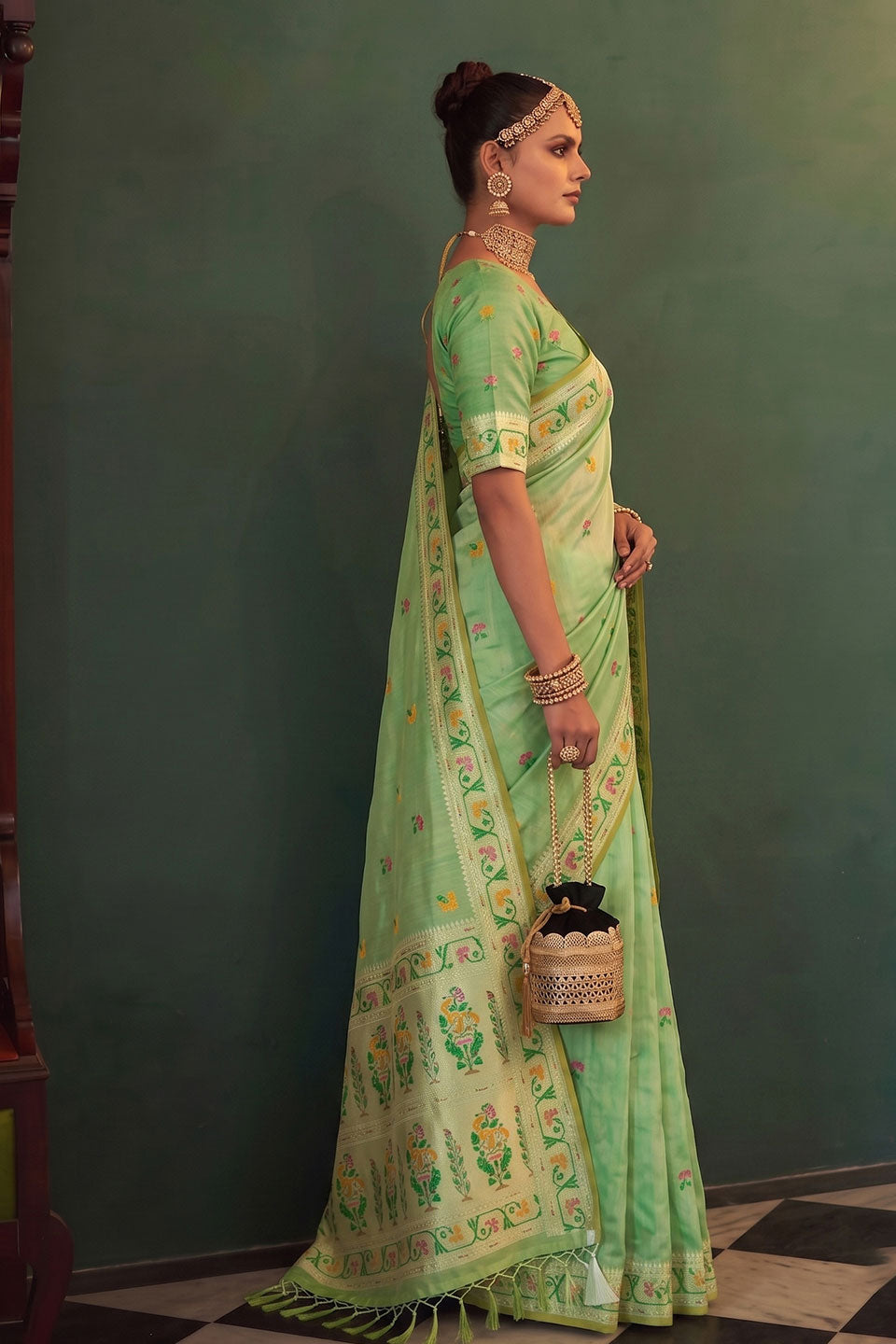 Exclusive Weaving Work On Sea Green Tissue Silk Saree | Buy Online India