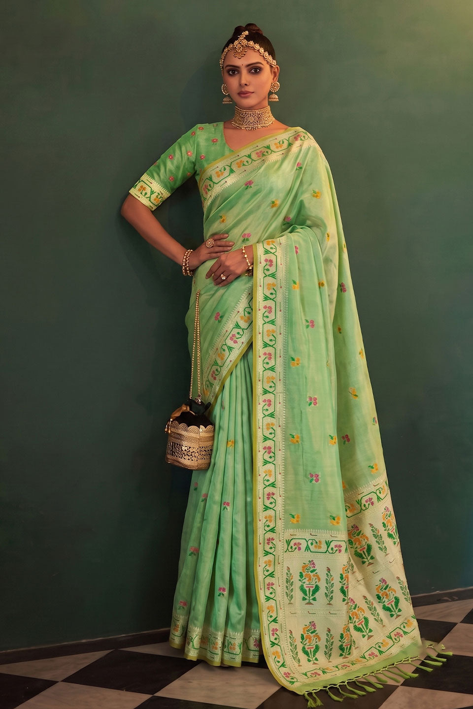 Exclusive Weaving Work On Sea Green Tissue Silk Saree | Buy Online India